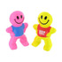 Two stress relievers shaped like smiling figures, one pink with a blue shirt, and the other yellow with a red shirt.