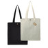 Two tote bags are displayed: one in black and one in light grey, featuring long handles and a snap closure.
