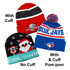 Three custom knitted beanies in red, black, and blue. One features a pom-pom and two have different cuff styles.
