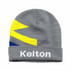 A grey knitted beanie featuring a yellow and blue design with a white logo on the front.