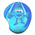 A blue gel wrist mouse mat featuring a cartoon character with a smiling face and a hat, along with branding.