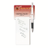 A promotional pad with a notepad and a pen, featuring a colourful logo at the top, partly filled with handwritten notes.