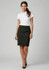 A knee-length black skirt worn with a white shirt, featuring a fitted silhouette and a logo on the waistband.