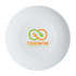 A white coupe entree plate featuring a circular design and a logo in green, orange, and yellow.