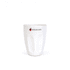A white latte cup with a smooth finish and a logo on the front. Suitable for coffee beverages.