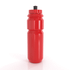A drink bottle in bright red, featuring a textured grip and a black cap, with a logo on the side.