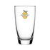 A clear glass hi-ball with a logo featuring an orange fruit. The glass has a wide base and smooth finish.