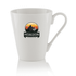 A white latte mug with a tapered design and a logo featuring a mountain scene in vibrant orange and black.
