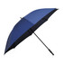 A blue and black umbrella with a black handle, featuring a branding logo on the handle.