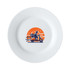 A white 23cm entree plate featuring a vibrant illustration of a scooter rider against a sunset backdrop.