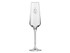A champagne flute in clear glass with a slender design and etched detailing, showcasing elegant craftsmanship.