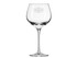 A clear wine glass with a wide bowl and slender stem, featuring a logo on the side.