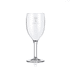 A clear plastic wine glass with a stem, featuring a logo on its side. Suitable for beverages.