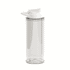 A drink bottle with a transparent body and a white flip lid, featuring a logo. Holds 800ml.