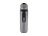 A drink bottle in grey with a black lid, featuring a logo and a double wall for insulation.