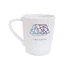A coffee mug in speckled white with a handle and a branding logo on the front.