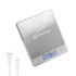 A silver rechargeable kitchen scale with a digital display and a USB charging cable. It features a logo on the surface.