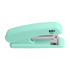 A mint green stapler with a silver clipping mechanism and a logo on the side.