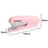 A pink stapler with a metallic base, measuring 120mm by 50mm and 30mm in height, featuring a logo.