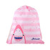 A pink drawstring bag featuring a shark design and striped patterns. It includes a logo on the front.