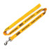 A yellow dog leash featuring a clip and printed text with a logo.