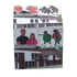 A cube-shaped promotional product with colourful graphics featuring diverse characters and a logo.