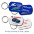 Two keychains on a ring, one blue with swimming graphics and the other white featuring a car. Both have logos.