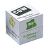 A mini cube in white with graphics, featuring a logo, and sections for promotional content.