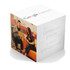 A three-dimensional promotional cube featuring images of two people, in white with a logo and text on its sides.