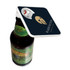 A drink bottle with a black and white coaster attached, featuring a built-in bottle opener and a logo.