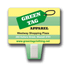 A promotional product featuring a green and yellow tag design with a clip at the bottom and a logo present.