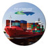 A round mat featuring a red cargo ship loaded with colourful shipping containers, set against a blue sky.