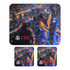 A mouse mat and two coasters featuring a vibrant city skyline in blues and yellows, with a logo on each item.