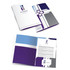 A4 presentation folder featuring a purple and blue design, with a logo and pockets for documents.