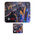 A large blue and black mouse mat with a city skyline design and a smaller matching coaster, both featuring a logo.