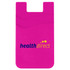 A bright pink dual pocket silicone mobile wallet with a logo on the front. Designed to hold cards securely.