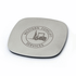 A square metal coaster with a logo design, featuring a forklift graphic and a grey finish.