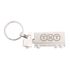 A metal keyring in the shape of a truck, featuring a silver finish and a logo.