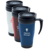 A travel mug set in red, blue, and white with a black lid and handle, featuring a logo on each.