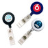 Three retractable ID card holders in black, blue, and silver, each featuring a different logo.