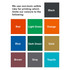 A swatch of colours including black, red, light green, orange, blue, dark green, gold, brown, grey, and tequila.