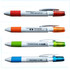 A group of four multi-coloured pens, featuring red, orange, green, and blue accents, with various logos and branding.