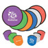A set of folding frisbees in various colours including green, orange, red, white, and blue, each with branding.