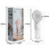 A handheld spray fan, featuring a white fan and a transparent water reservoir, displayed with its packaging.
