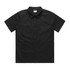 A black button-up shirt with short sleeves and a front pocket, featuring a logo.