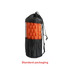 A black storage bag with a mesh panel containing multiple orange foam yoga rollers inside.
