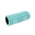 A turquoise foam massage roller with a textured surface and a hollow centre, featuring a logo.