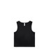 A black crop tank top with a simple design, featuring a logo on the back and wide straps.