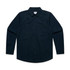 A navy work shirt with a button-down collar and two chest pockets, featuring a logo.