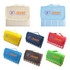 A collection of large picnic blankets in various colours including yellow, blue, red, and brown, each with a logo.